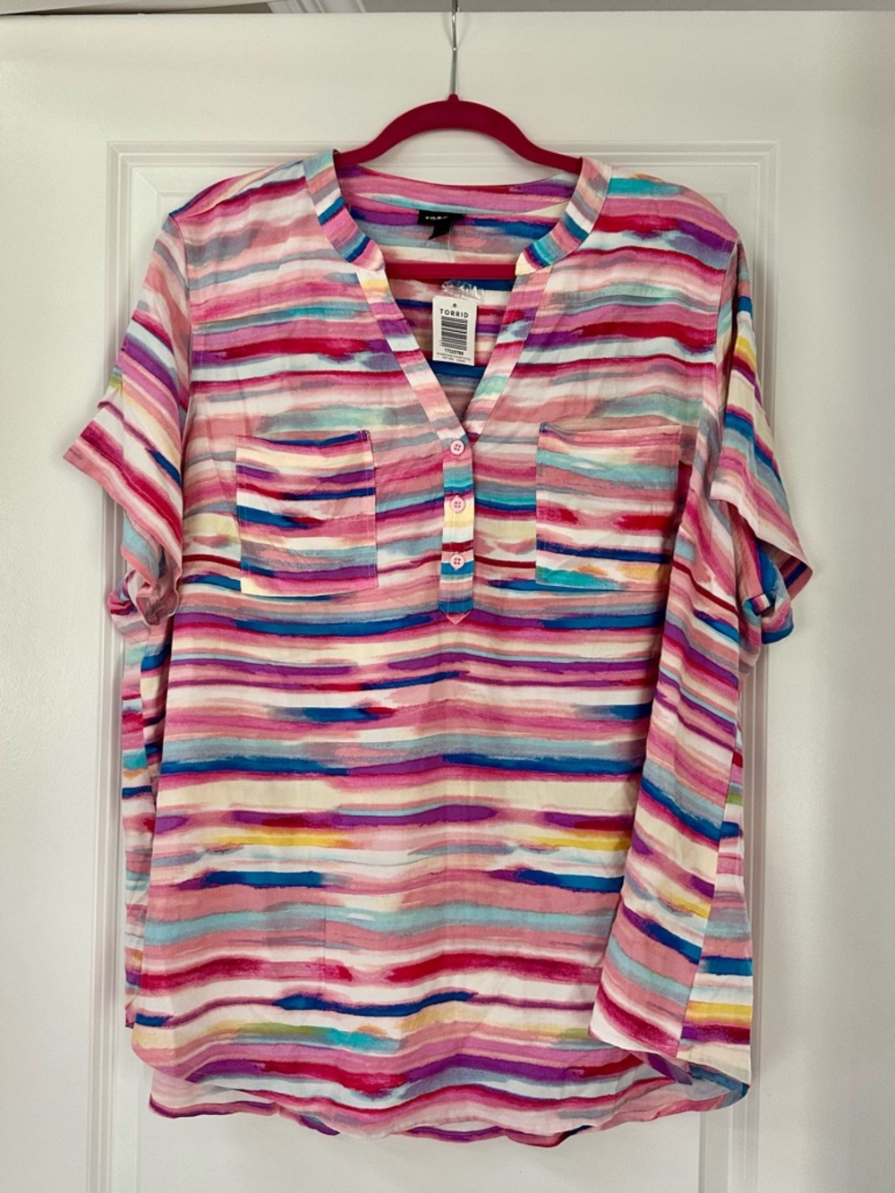 torrid Pink Multicolor Striped V-Neck Short Sleeve Tunic - Harper